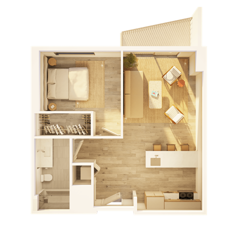 Floor plan for 1 bed, 1 bath, 686 sqft
